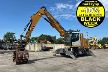 koparka przeładunkowa na podwoziu kołowym, chwytak, podpory, klima